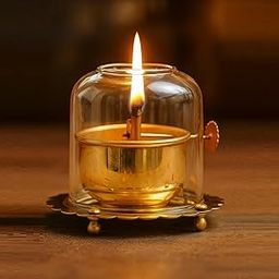 Inpala Metals Brass Akhand Diya with Adjustable Bati Knob, Wick Lifting Screw Lever with Glass Cover, 75ml Burns Up to 18 Hours for Long Lasting Pooja (Small)-image-7