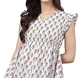 Women's White Cotton Floral Print Flared Top-image-78