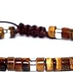 Tiger Eye Stone Beaded Bracelet, Adjustable Drawstring, Brown and Gold Tones, Protection and Courage-image-1