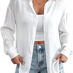 Women's Solid Color Long Sleeve Button Down Textured Shirt, Crepe Casual Relaxed Loose Fit, (Color : Black & White)-picture-15