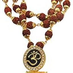 Religious Jewelry Loard Om Shiv Damaru Locket with Gold Cap Rudhrasha Gold Plated Brass Wood Necklace Pendant for Men and Boys-42