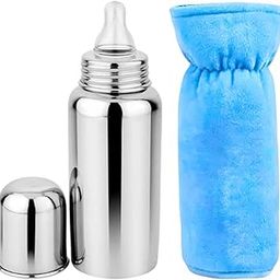 SOLIDA Baby Stainless Steel Water Milk Feeding Bottle for Kids/New-Born 304 Grade BPA - 240 ml (Silver) with Blue Cover-1-8