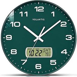 12 Inch Non-Ticking Silent Wall Clock with LCD Display for Perpetual Calendar and Temperature,Analog,Digital,Fibreglass (Green)-15