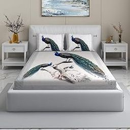 Traditional Floral Print Double Bedsheet Set with 2 Pillow Covers, Navy Blue and Pink (Animal Print Peacocks)-image-44