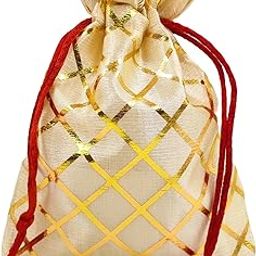 Soul Artisan Potli Drawstring Pouches/Bags(Sandal-Cross Checked) for Women, Return Gifts, Wedding, Baby Shower, Bridal Party, Haldi Functions, Dry Fruit and Jewelry Packaging Size 18X23 cm| Pack of 30-31