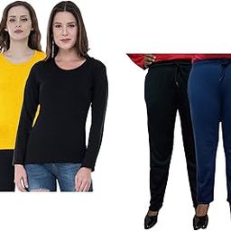 indiweaves Women Winter Wear Solid Cotton Full Sleeves T-Shirt and Fleece Warm Lower/Track Pants (Yellow, Black, Black, Navy Blue, 36-M) Pack of 4-picture-2