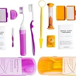 Portable Orthodontic Oral Care Kit - 2Pack - Travel Kit for Patients, Interdental Brushing Wax Floss Toothbrush Cleaning(Purple & Orange)-14