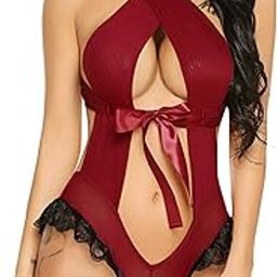 SoSh Women Babydoll Nightwear Sexy Women Secret Lingerie Swimming Party Swimwear Beachwear Sheer Honeymoon Valentine Special Night Wedding Lingerie Babydoll for Women Lace Free Size (Maroon 1)-image-94