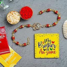 Dreamica Rudraksh Bracelet Rakhi for Brother with ‘My Brother is Awesome’ Fridge Magnet | Includes Roli Chawal Pack & Greeting Card | Premium Rakhi Gift for Brother.(Rakhi-19)-image-38