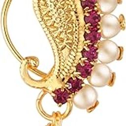 Vighnaharta Gold Plated with Peals Alloy and CZ stone Non Piercing Maharashtrian Nath Nathiya./ Nose Pin valentine day gift valentineday gift for her gift for him gift for women gift for women [VFJ1079NTH-Press-Red ]-13