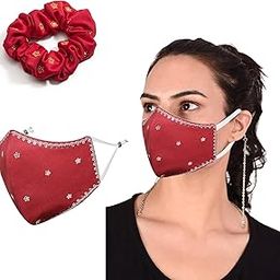 by Q-One Shubh Embroidered, Scrunchie & 4 Layer Cotton Cloth Face Mask Combo with Detachable Chain for Women in Medium Size (Red, Pack of 2)-picture-17