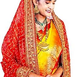 Red,Pink,Cream Women Heavy Bridal Dupatta for Wedding - Chunari With Velvet Lace For Bride Addition to Your Net Red, Pink Lehenga Saree Only III-picture-9