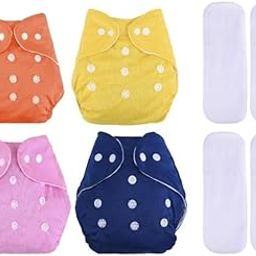 Reusable Leakage-proof cotton cloth diapers for babies, high absorbent 4 reusable diaper 4 insert pad combo pack washable cloth diaper free size 3-15kg baby adjustable-10