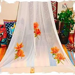 Handpainted Chiffon Dupatta, White with Orange Floral Design, 2.5 Metres, Tasseled for women and girls, Indo-Western style-image-1