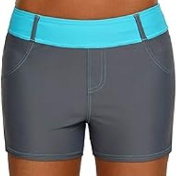 Women's Summer Color Block Waistband Tankini Swimsuit Board Shorts with Back Pockets-image-84
