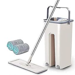 MBKOH Heavy Quality Floor Mop with Bucket, Flexible Kitchen Tap Flat Squeeze Cleaning Supplies, 360° Flexible Quiet, 2 Reusable Pads, Microfiber, Adjustment Office (White)-image-9