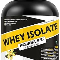 PowerLift Whey Isolate Sugar Free [2kg Vanilla, 4.4lbs], 25G protein, 5.5G BCAA, Raw Whey From USA | with Digezyme blend | easy Mixability & Builds Lean Muscle, whey protein isolate, Gold Whey(60 servings)-2