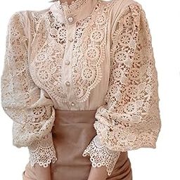Ubervia Elegant Lace Trim Shirts Casual Victorian Blouse Long Sleeve Button Down Tops-image-26