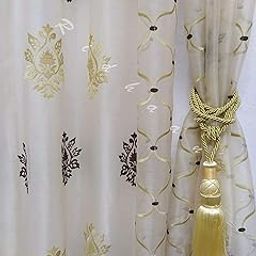 RIDHAAN Tissue Voile Transparent Sheer Eyelet Geometric Curtains for Long Door, 9 Feet, Coffee and Golden, Pack of 2 Psc with 1 Tie Back-72