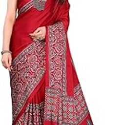 Modal Silk Ajrakh Saree Ikkat Nakshi Bandhej Geometric Print Designer Pallu Attach Blouse Piece-image-69