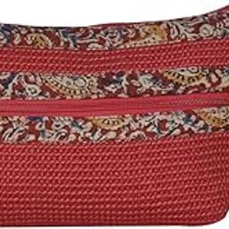 Jute Cottage Eco-Friendly Dobby Kalamkari Pouch 2 Zip Small Red Jute-image-51
