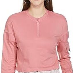 Women Solid Zip Placket Cropped Cotton Round Neck Sweatshirt-image-55