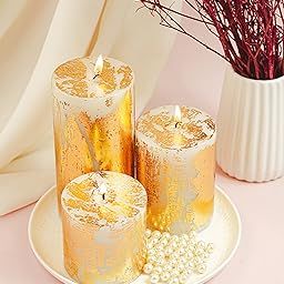 AuraDecor Unscented Pillar Candle Set of 3 (3inch*3inch, 3inch*4inch, 3inch*6inch) || Unscented Candle || Long Burning || Gift Set || Set of 3 Candle || Pillar Candle. (Gold Dust)-image-22