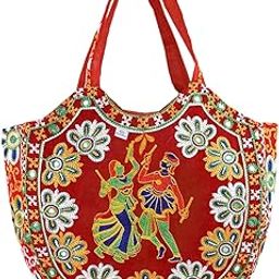 Heart Home Multiuses Velvet Rajasthani Embroidery Design Hand Bag/Tote Bag For Daily Trips, Travel, Office (Red) 52HH3992-34