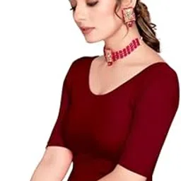 scube designs Cotton Lycra Stretchable Comfy Round Neck Net Elbow Length Sleeves Saree Blouse Readymade Crop Top Choli for Girls & Women's-picture-1