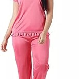 Women's Solid Night Suit Set Nightdress Sleepwear and Lounge Wear/Top & Payjama Set (Coral Pink)-image-12