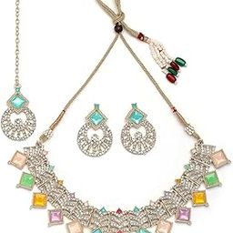 Decent Gold Plated AD Stones & Beads Choker Necklace Set With Earring And Maangtika | Jewellery Set For Women|NS107543-image-19