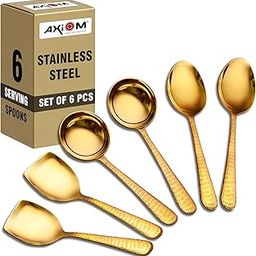 AXIOM Stainless Steel Golden Serving Tools Set. 6 Piece Heavy Gauge Kitchen Utensil Set of 2 Soup Ladle (Karchi), 2 Solid Spoon (Chamcha) & 2 Rice Spoon for Serving Soup/Curry/dal/Rice/Pasta-2