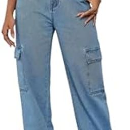 Women's High Rise Cargo Jeans, Wide Leg Baggy Style, Light Blue Denim, 6 Pockets, Casual Streetwear-image-10