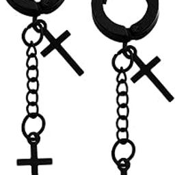 Crusifix Cross Chain Charm Drop Dangle Surgical Hoop Black Stainless Steel Earrings For Men And Women SEr2022201-image-35