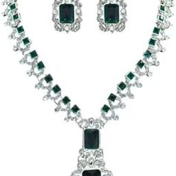 Green Gemstone and American Diamond Jewellery Set with Necklace and Earrings-image-44
