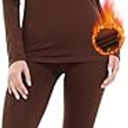 Thermal Underwear for Women Long Johns Top & Bottom Fleece Lined Base Layer Leggings Set, Brown, X-Large-image-88