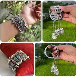 islana Openable Combo of 2 Oxidised Mirror Ghungroo and Latkan Ghunghroo Jhumki Bangles Kada or Cuff Bracelet for Women and Girls.-picture-3
