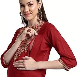 Women Ethnic Motifs Embroidered Yoke Design Cotton Straight Maternity Kurta-image-1