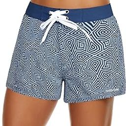 Board Shorts for Women Swim Elastic Waist Drawstring Linning Pocket Soft Briefs Summer Shorts Thread Blue US 24-image-30