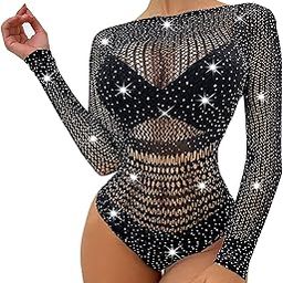 Rhinestone Studded Fishnet Teddy Bodysuit Without Lingerie - Sheer Bodysuits - Bodystocking for Women - Black-image-44