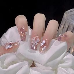 The Pink Truck Artificial Reusable Nails in Butterfly With Petals And Pearls Design (Set of 24)-1