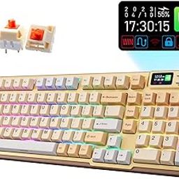 iRocks K85R Wireless Rechargeable RGB Backlit Mechanical Gaming Keyboard with LCD Display, Hot-Swappable Pre-lubed Brown Switches, 98 PBT Keys, USB-C Detachable Cable (Light Golden, Bubble Switch)-image-26