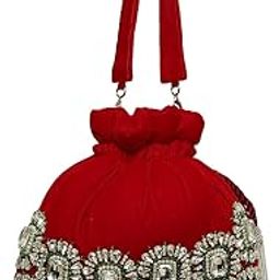 Designer Potli Handbag with Crystal Embellishments, Red Velvet with Silver Tassels and Green Beads, Traditional Wedding Purse-image-62