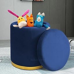 RIBAVARY Storage Ottoman Sitting Stool for Bedroom & Living Room, Velvet Sofa Side Stool, Wooden Small Ottoman Footrest Stool, Makeup Chair, Pouf for Office & Home Decoration (Drum Storage, Blue.)-image-15