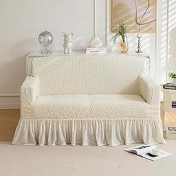 House of Quirk Universal Italian Pattern Sofa Slipcover - Stretch Couch Cover with Stylish Design, Soft Polyester Fabric - Form-Fit, Washable Protector for Pets, Kids & Spills (Two Seater, Cream)-image-22
