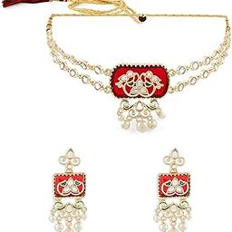 Red Green Stones Dazzling Kundan Choker Necklace & Earring Set For Women-ZPFK18927-image-43