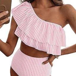 Ruffle One Shoulder Swimsuits for Women Cute High Waisted Two Piece Bathing Suits, Pink Stripes, XX-Large-image-31