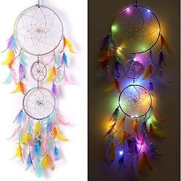 ILU Metal Dream Catcher With Lights, Wall Hangings, Crafts, Home Decor, Handmade For Bedroom, Balcony, Garden, Party, Cafe, Decoration, Wedding, Decorative, Pastel Feathers (17Cm Diameter),Multicolor-image-72