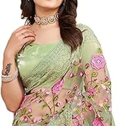 Women's Beautiful Soft Net Embroidery Saree With Unstitched Blouse 6079-37