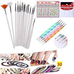 Nail Art Paint 3D Kit (Set of 55) Nail Art Pen & Brush Painting Polish Design Kit 15 Nail Brushes,5 Nail Dotting Pen,30 Adhesive Nail Striping Tape 1 Tipping guide 4 Nail sticker (55 Pcs)-95
